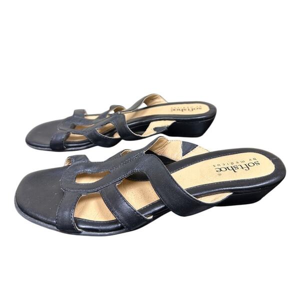Softshoe Medicus Size 8 Black Leather Slip On Low Wedge Vacation Comfort Sandal - Picture 2 of 9